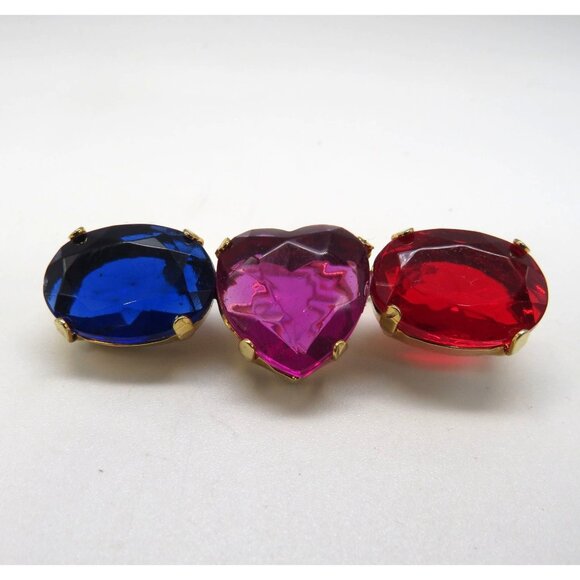 Lucite Gemstone Brooch 2" Gold Tone Blue Red Pink Oval Heart Shapes Pin - Picture 1 of 9